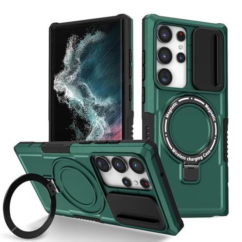Kainevy für Magnetisch Samsung Galaxy S22 Ultra Hülle mit Ständer, Militär Grade Stoßfest Samsung S22 Ultra Hülle mit Kameraschutz Passt Drahtlose Aufladung Schutzhülle (Dunkelgrün) von Kainevy