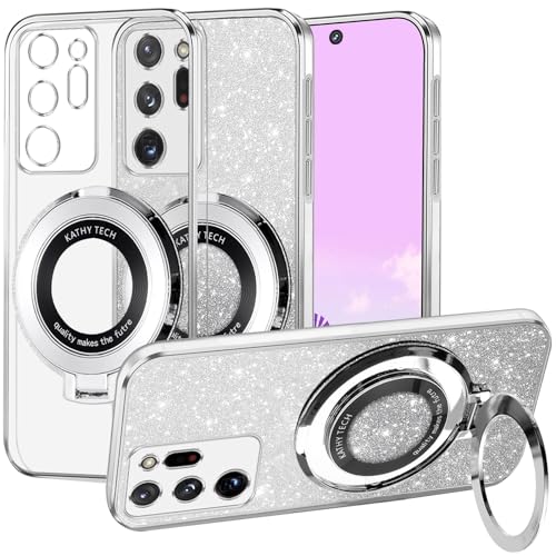 Kainevy für Samsung Note 20 Ultra Hülle Durchsichtig Glitzer mit Ständer Kompatibel mit MagSafe, Samsung Galaxy Note 20 Ultra 5G Hülle Silikon Weich TPU Bling Aesthetic Case Rosa Dünn (Silber) von Kainevy