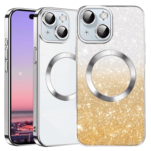Kainevy für iPhone 15 Hülle Durchsichtig Glitzer mit Kameraschutz Kompatibel mit MagSafe, Stoßfest Magnetisch Handyhülle iPhone 15 Silikon Bling Aesthetic Case Rosa für Mädchen (Silber) von Kainevy