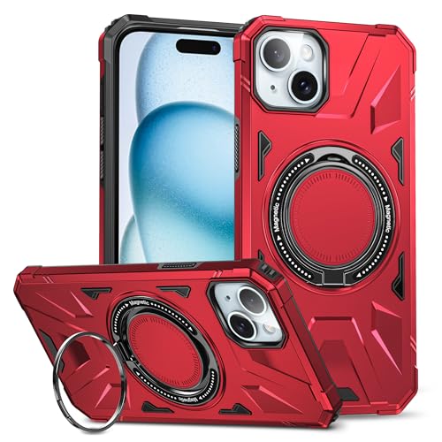 Kainevy für iPhone 15 Hülle Magnetisch mit Ständer, Military Grade Handyhülle iPhone 15 Stoßfest [Unterstützung für drahtloses Laden] Ganzkörper Schutzhülle (Rot) von Kainevy