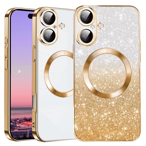 Kainevy für iPhone 16 Hülle Durchsichtig Glitzer mit Kameraschutz Kompatibel mit MagSafe, Stoßfest Magnetisch Handyhülle iPhone 16 Silikon Bling Aesthetic Case Rosa für Mädchen (Gold) von Kainevy