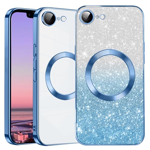 Kainevy Handyhülle für iPhone 16e Hülle Durchsichtig Glitzer mit Kameraschutz Kompatibel mit MagSafe, Stoßfest Magnetisch für iPhone 16e Case Silikon Bling Aesthetic Rosa für Mädchen (Blau) von Kainevy
