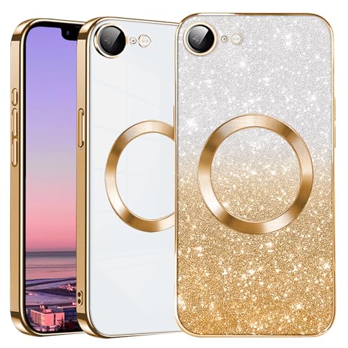 Kainevy für iPhone 16e Hülle Durchsichtig Glitzer mit Kameraschutz Kompatibel mit MagSafe, Stoßfest Magnetisch Handyhülle iPhone 16e Silikon Bling Aesthetic Case Rosa für Mädchen (Gold) von Kainevy