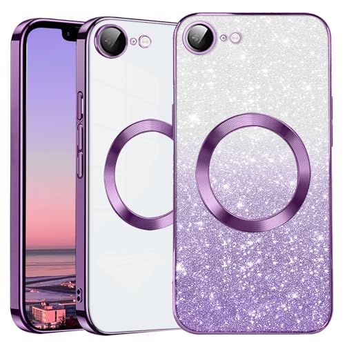Kainevy für iPhone 16e Hülle Durchsichtig Glitzer mit Kameraschutz Kompatibel mit MagSafe, Stoßfest Magnetisch Handyhülle iPhone 16e Silikon Bling Aesthetic Case Rosa für Mädchen (Lila) von Kainevy