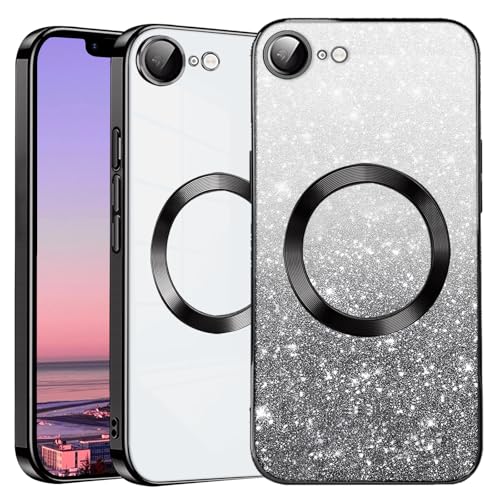 Kainevy für iPhone 16e Hülle Durchsichtig Glitzer mit Kameraschutz Kompatibel mit MagSafe, Stoßfest Magnetisch Handyhülle iPhone 16e Silikon Bling Aesthetic Case Rosa für Mädchen (Schwarz) von Kainevy