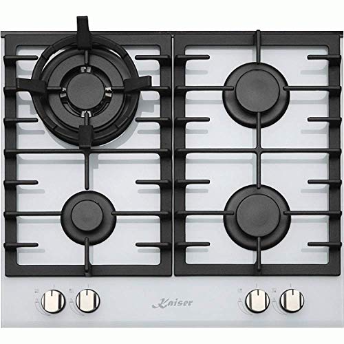 Kaiser CHEF Luxus Weißes Gas Kochfeld 60cm Autark,Gaskochfeld,Gas auf Weißem Glas,Glaskeramik Gaskochfeld Einbau,4 Hochwertige Brenner,3,8 kW WOK,Glas Weiß,Kochmulde,Erdgas und Propangas,Gasherd von Kaiser