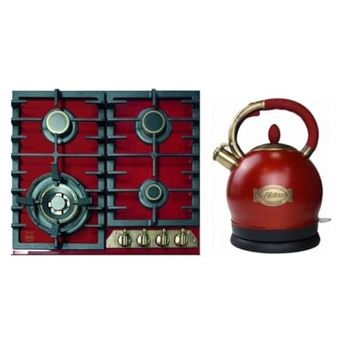 Kaiser Gas-Kochfeld, 60cm, Bordeaux Glas, Retro Einbau Herd, 3,8kW WOK Facette vorne Metallplate Bronze, Brenner "Gold" + WK 2000 RotEm Exklusiver Retro Wasserkocher Kontroll LED 2 L 1800W von Kaiser