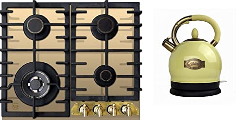 Kaiser Gas-Kochfeld, 60cm, Elfenbein Glas, Retro Einbau Herd, 3,8kW WOK Facette vorne Metallplate Bronze, Brenner "Gold" + WK 2000 ElfEm Exklusiver Retro Wasserkocher Kontroll LED 2 L 1800W von Kaiser