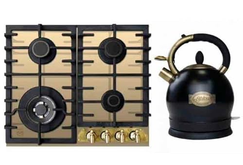 Kaiser Gas-Kochfeld, Gas-Kochfeld,60cm, Elfenbein Glas, Retro Einbau Herd, 3,8kW WOK Facette vorne Metallplate Bronze, Brenner "Gold" + WK 2000 Em Exklusiver Retro Wasserkocher Kontroll LED 2 L 1800W von Kaiser