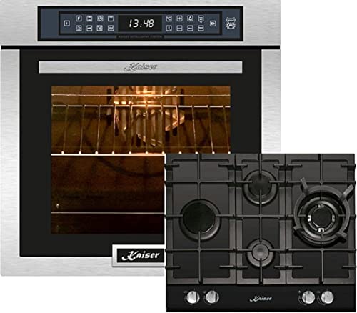 Kaiser Herd-Set EH 6306 R + KCG 6394, Elektro Einbaubackofen,Edelstahl,79L 15 Fkt. Grill Air fryer Full Touch + Einbau Gaskochfeld 60cm, Schwarz Glas, Einbau Herd, 3,8kW WOK, Erdgas, Propangas von Kaiser