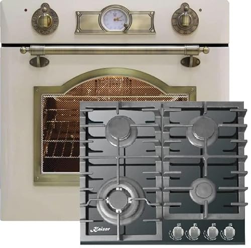 Kaiser Küchengeräte Backofen-Set EH 6355 ElfEm+KCG 6383 Turbo, Autark, Retro, Drehspieß, 8 Funktionen+Einbau Gas- Kochfeld 60cm, Schwarz Glas, Erdgas/Propangas, 3,8kW WOK von Kaiser