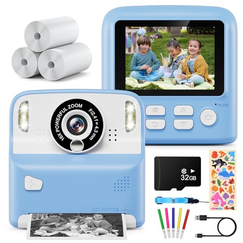 Kinderkamera,Kaishengyuan Sofortbildkamera Kinder Kamera, DigitalKamera 2.4" mit Druckpapier & 32G Karte,Geschenke für Mädchen Jungen 3-12 Jahren (Blau) von Kaishengyuan