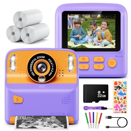 Kinderkamera,Kaishengyuan Sofortbildkamera Kinder Kamera, DigitalKamera 2.4" mit Druckpapier & 32G Karte,Geschenke für Mädchen Jungen 3-12 Jahren (Lila) von Kaishengyuan