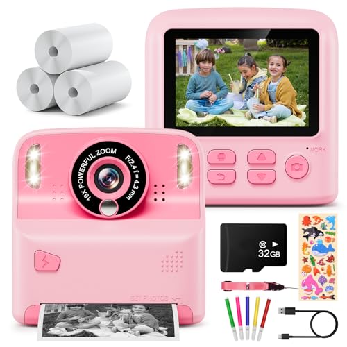 Kinderkamera,Kaishengyuan Sofortbildkamera Kinder Kamera, DigitalKamera 2.4" mit Druckpapier & 32G Karte,Geschenke für Mädchen Jungen 3-12 Jahren (Rosa) von Kaishengyuan