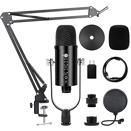 Kalawen USB Mikrofon PC Kondensator Mikrofone Cardioid Podcast Mikrofon Kit mit Mikrofon Arm Mikrofonständer Stoßdämpferhalterung Aufnahme Microphone für Studio, Broadcast, YouTube, Video von Kalawen