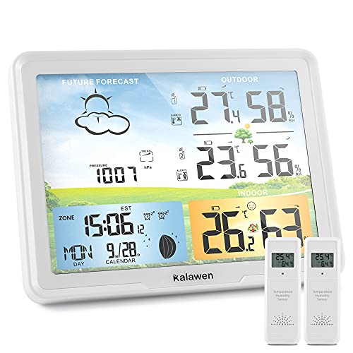 Kalawen Wetterstation Funk mit 2 Außensensor Digital Farbdisplay DCF-Funkuhr Innen und Außen Weather Station Thermometer Hygrometer Funkwetterstation mit Wettervorhersage und Mondphase (Weiß) von Kalawen