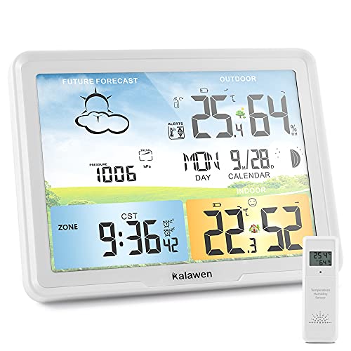 Kalawen Wetterstation Funk mit Außensensor Digital Farbdisplay DCF-Funkuhr Innen und Außen Weather Station Thermometer Hygrometer Funkwetterstation mit Wettervorhersage Barometer und Mondphase (Weiß) von Kalawen