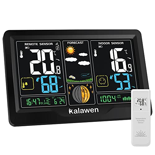 Kalawen Wetterstation Funk mit Außensensor Digital Farbdisplay Funkwetterstation Innen und Außen mit Wettervorhersage DCF Funkuhr Weather Station Batteriebetrieb und Netzbetrieb Wetterstationen von Kalawen
