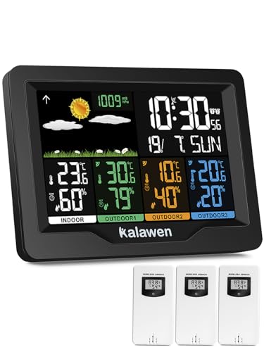 Kalawen Wetterstation mit 3 Außensensoren Innen und Außen Multifunktionale Funkwetterstation Farbdisplay Digital mit Thermometer Hygrometer DCF-Funkuhr Weather Station für Zuhause Büro Hausgarten von Kalawen