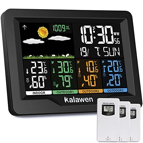 Kalawen Wetterstation mit 3 Außensensoren Innen und Außen Multifunktionale Funkwetterstation Farbdisplay Digital mit Thermometer Hygrometer DCF-Funkuhr Weather Station für Zuhause Büro Hausgarten von Kalawen