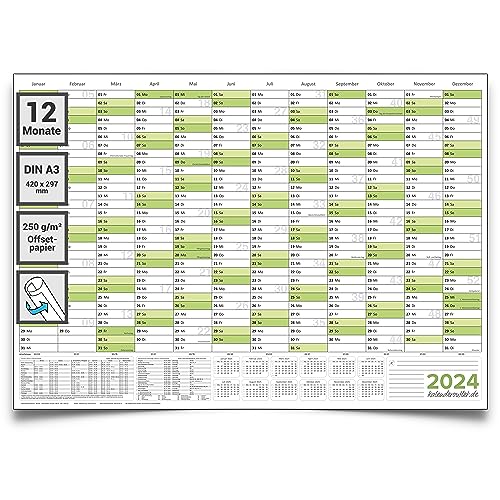 Jahresplaner Wandkalender 2024 gruen premium Qualitäts Papier (DIN A3 42,0x29,7 cm) gerollter Wandplaner fürs Büro Jahreskalender 2024, Kalender in deutscher Sprache von Kalenderoutlet von Kalenderoutlet