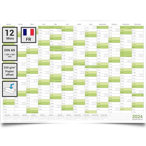 Kalenderoutlet ® DIN A0 1 Wandkalender/Jahresplaner grün XL 2024 Großformat 118,8 x 84,0 cm Material 135g/m2 Qualitätsdruck gefaltet Jahreskalender Kalender - Französisch von Kalenderoutlet