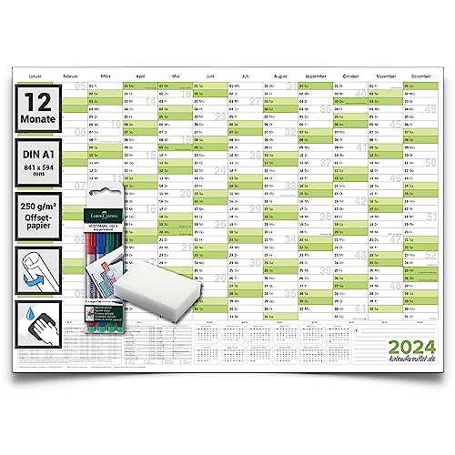 Kalenderoutlet ® DIN A1 abwischbarer Wandkalender 2024 gerollt 84,0x59,0 cm groß inklusive 4 Marker und Schwamm. Wandplaner ist feucht korrigierbar, Jahresplaner in deutscher Sprache von Kalenderoutlet