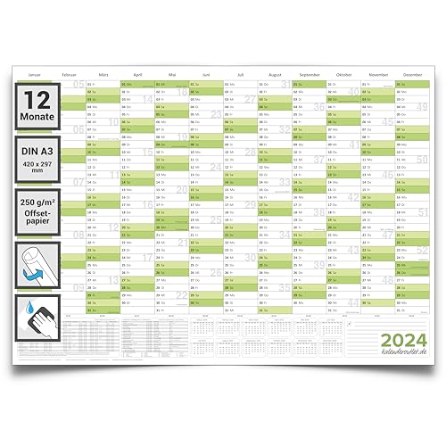 Kalenderoutlet ® DIN A3 abwischbarer Wandkalender 2024 gerollt 42,0x29,7cm groß Wandplaner ist feucht korrigierbar, Jahresplaner 2024 in deutscher Sprache von Kalenderoutlet