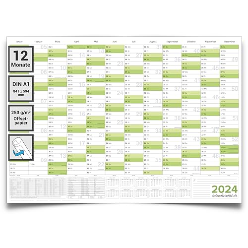 Kalenderoutlet ® Din A1 Wandkalender 2024 gruen Premium Qualitäts Papier 84,0x59,0cm gerollter Wandplaner 2024, Jahreskalender, Kalender in deutscher Sprache von Kalenderoutlet von Kalenderoutlet