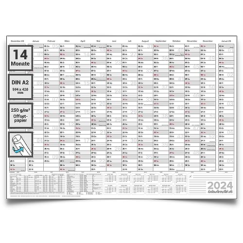 Kalenderoutlet ® Din A2 Jahresplaner Wandkalender 2024 grau 14 Monate Übersicht 59,4x42,0cm groß Jahreskalender 2024 Wandplaner ist gerollt - deutsche Sprache - von Kalenderoutlet