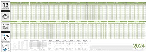 Kalenderoutlet ® Personalplaner, Urlaubsplaner 2024 feucht abwischbar 118,8x42,0 cm für bis zu 16 Mitarbeiter grün gerollt geliefert von Kalenderoutlet