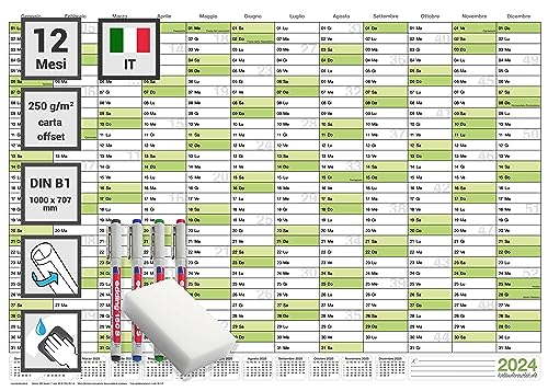 Kalenderoutlet 1 waschbarer Wandkalender 2024 Planer grün B1 100,0 x 70,0 cm mit 1x4 ROLLENTEM Marker -Wandkalender Jahresplaner Italienischer Kalender von Kalenderoutlet