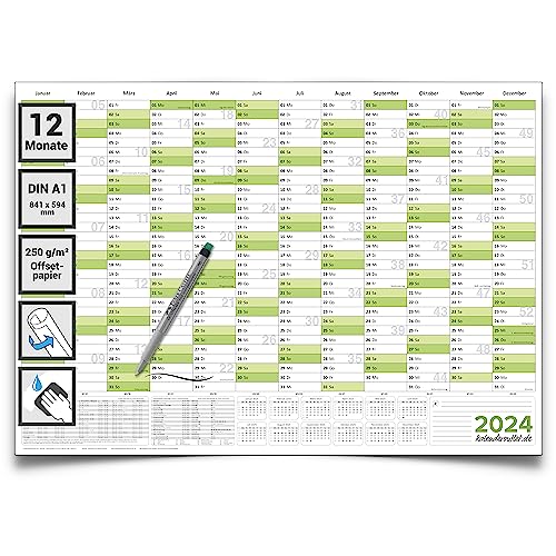 Kalenderoutlet DIN A1 abwischbarer Wandkalender 2024 gerollt 84,0x59,0 cm groß inklusive 1 Marker. Wandplaner ist feucht korrigierbar, Jahresplaner in deutscher Sprache von Kalenderoutlet