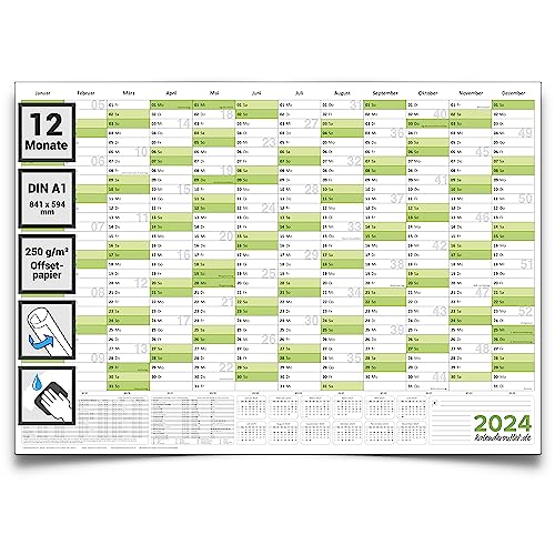 Kalenderoutlet DIN A1 abwischbarer Wandkalender 2024 gerollt 84,0x59,0 cm groß. Kalender Wandplaner ist feucht korrigierbar, Jahresplaner in deutscher Sprache von Kalenderoutlet