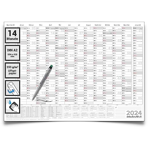 Kalenderoutlet ¨ DIN A2 abwischbarer Wandkalender 2024 gerollt 59,4x42,0 cm gro§ inklusive 1 Marker. 14 Monate Wandplaner ist feucht korrigierbar, Jahresplaner in deutscher Sprache von Kalenderoutlet