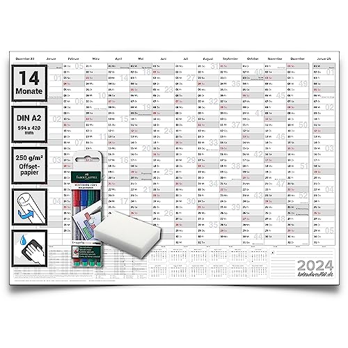 Kalenderoutlet ¨ DIN A2 abwischbarer Wandkalender 2024 gerollt 59,4x42,0 cm gro§ inklusive 4 Marker und Schwamm. 14 Monate Wandplaner ist feucht korrigierbar, Jahresplaner in deutscher Sprache von Kalenderoutlet