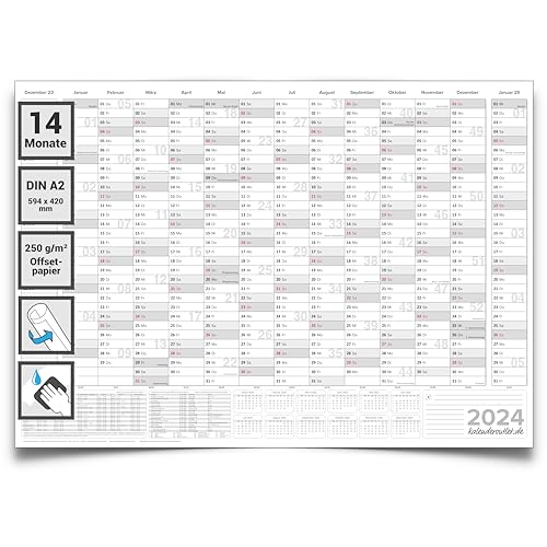 Kalenderoutlet DIN A2 abwischbarer Wandkalender 2024 gerollt 59,4x42,0 cm groß 14 Monate Wandplaner ist feucht korrigierbar, Jahresplaner in deutscher Sprache von Kalenderoutlet
