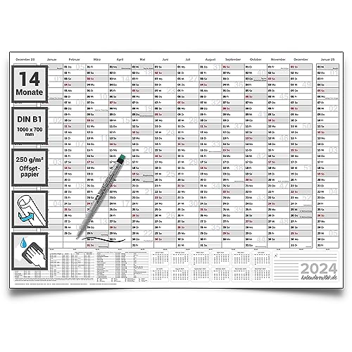 Kalenderoutlet DIN B1 abwischbarer Wandkalender 2024 gerollt 100,0x70,0 cm groß inklusive 1 Marker. 14 Monate Wandplaner ist feucht korrigierbar, Jahresplaner in deutscher Sprache von Kalenderoutlet