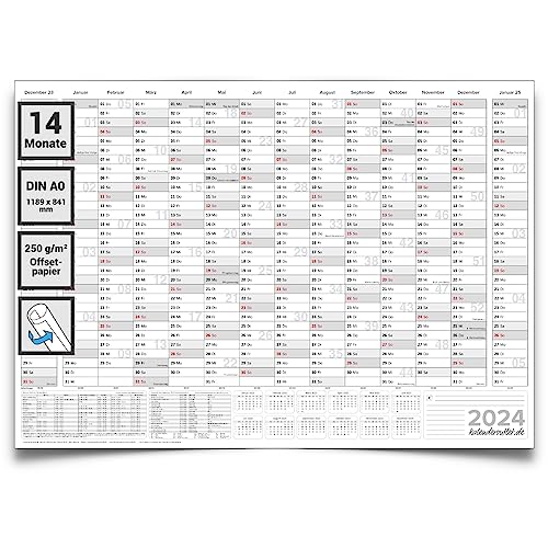Kalenderoutlet Din A0 XXL Jahresplaner Kalender Wandkalender 2024 14 Monats Übersicht grau 118,8x84,0cm groß gerollt. Wandplaner, Jahreskalender in deutscher Sprache von Kalenderoutlet