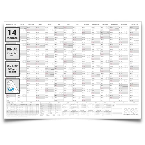Kalenderoutlet Din A0 XXL Jahresplaner Kalender Wandkalender 2025 14 Monats Übersicht grau 118,8x84,0cm groß gerollt. Wandplaner, Jahreskalender in deutscher Sprache. von Kalenderoutlet