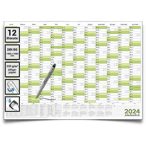 Kalenderoutlet Din B0 Wandkalender 2024 abwischbar XXL Jahresplaner 140x100 cm groß inklusive 1 Marker, feucht korrigierbar. Jahreskalender, Kalender 2024 in deutscher Sprache von Kalenderoutlet
