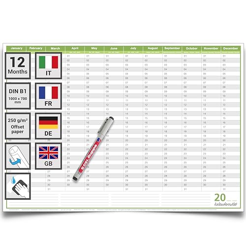 Kalenderoutlet Din B1 Dauerkalender abwischbar international immerwährender ewiger Jahresplaner 100,0 x 70,0 cm mit Marker in den Sprachen englisch, deutsch, italienisch, französisch von Kalenderoutlet