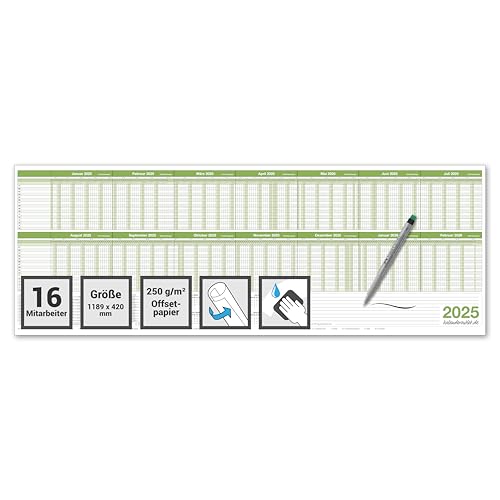 Kalenderoutlet Personalplaner Urlaubsplaner 2025, feucht abwischbar 118,8 x 42,0cm GEROLLT für bis zu 16 Mitarbeiter grün mit 1 non permanent Marker von Kalenderoutlet