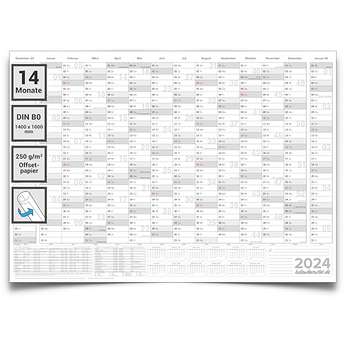 Kalenderoutlet XXXL DIN B0 Jahresplaner 2024, Kalender, Wandkalender 14 Monate grau 140x100cm grosser Wandplaner 2024, Jahreskalender 250g Papier gerollt in deutscher Sprache von Kalenderoutlet
