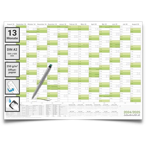 Kalenderoutlet abwischbarer Schülerkalender 2024/2025 grün inkl.1 Marker DIN A2 59,4x42,0cm 250g Papier gerollt Schuljahreskalender Kalender für Schüler und Lehrer Schulkalender Wandkalender von Kalenderoutlet