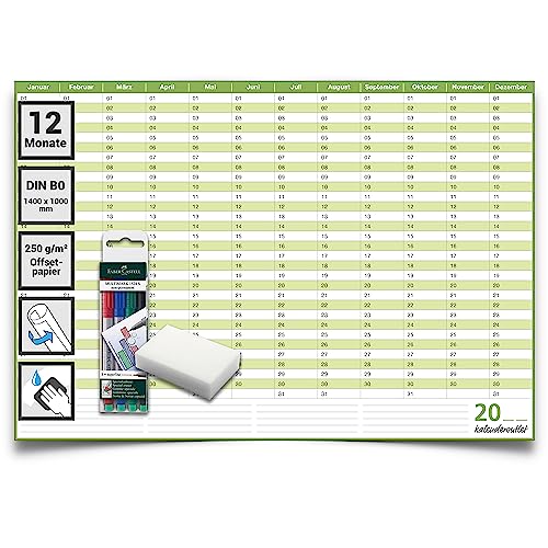 Kalenderoutlet din B0 abwischbarer XXL Dauerkalender Projektplaner Geburtstagskalender immerwährender ewiger Kalender Jahresplaner 140x100cm inkl. 4er Stifte Schwamm immer verwendbar deutsche Sprache von Kalenderoutlet