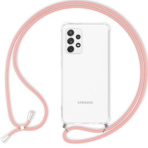 KALIROO Hardcase mit Kette kompatibel mit Samsung Galaxy A33 Hülle, Transparente Schutzhülle mit Umhänge-Band, Kratzfest Anti-Gelb Klar Durchsichtig, Robuste Handyhülle & Handy-Schnur, Farbe:Pink von Kaliroo