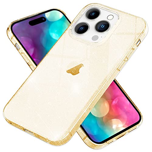 Kaliroo Durchsichtige Glitzerhülle kompatibel mit iPhone 14 Pro Max Hülle, Diamant Glitter Case Anti-Gelb Durchscheinend Robust, Pailletten Silikon Glitzer Schutzhülle Bling Cover, Farbe:Gold von Kaliroo
