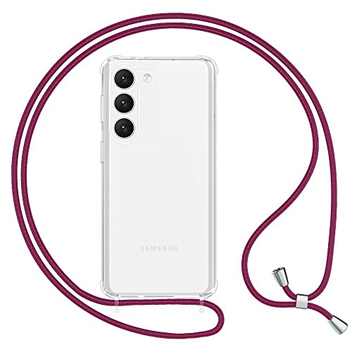 Kaliroo Klare Schutzhülle mit Kette kompatibel mit Samsung Galaxy S23 Hülle, Transparente Handyhülle mit Umhänge-Band, Kratzfest Anti-Gelb Stoßfest, Harte Rückseite & Silikon-Rand, Farbe:Dunkelrot von Kaliroo