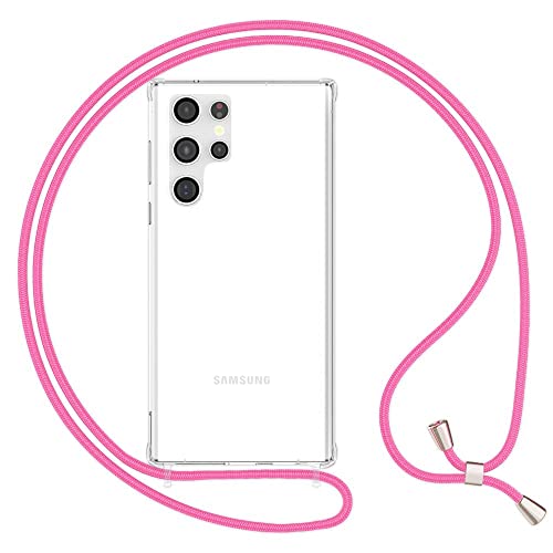 Kaliroo Klare Schutzhülle mit Kette kompatibel mit Samsung Galaxy S23 Ultra Hülle, Transparente Handyhülle mit Umhänge-Band, Kratzfest Anti-Gelb, Harte Rückseite & Silikon-Rand, Farbe:Pink von Kaliroo